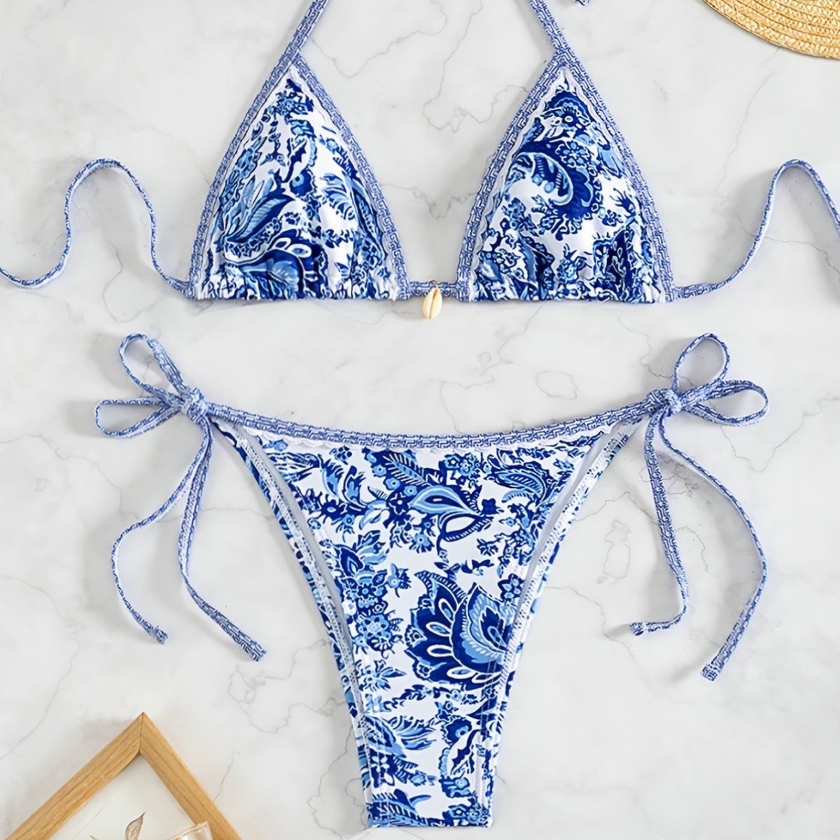 Women's Clothing Printed Fabric Two Piece Bikini Set With Laces Sexy Style Swimsuit For Vacation_ecoleips.com