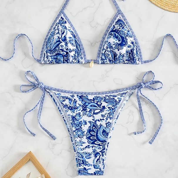 Women's Clothing Printed Fabric Two Piece Bikini Set With Laces Sexy Style Swimsuit For Vacation_ecoleips.com