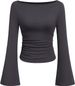 Women's Clothing Slim Fit Solid Color Boat Neck T-Shirt For Women European American Style Long Sleeve Trumpet Sleeve Pleated Slimming Top For Autumn_ecoleips.com