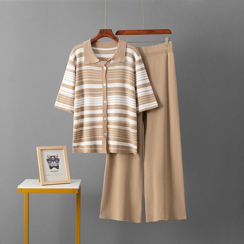 Women's Polo Collar Striped Set Knitted Cardigan Short Sleeved Two Piece Casual Sports Wide Leg Pants Summer Top_ecoleips.com