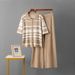 Women's Polo Collar Striped Set Knitted Cardigan Short Sleeved Two Piece Casual Sports Wide Leg Pants Summer Top_ecoleips.com