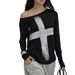 Summer Women's Cross Print Loose Fitting off Shoulder Neck Gathered Long Sleeved T-Shirt Top by Cross Border 2025_ecoleips.com