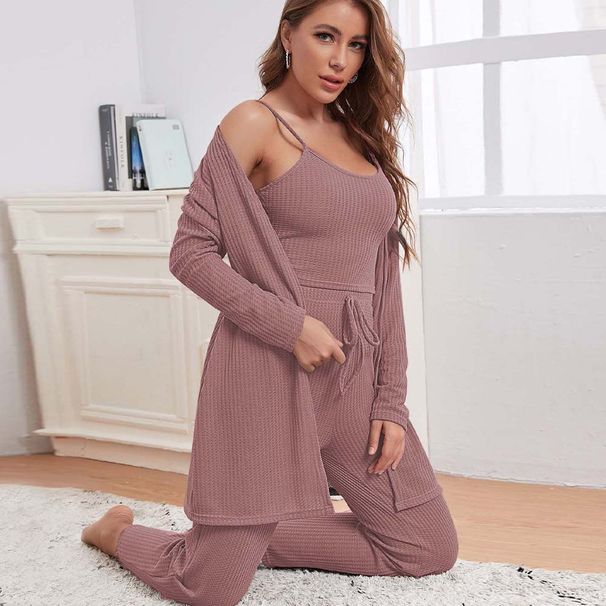 Voya Women's Fashion Sexy Home Fashion Set Autumn/Winter Solid Color Loose Comfortable 3-Piece Set For Women_ecoleips.com