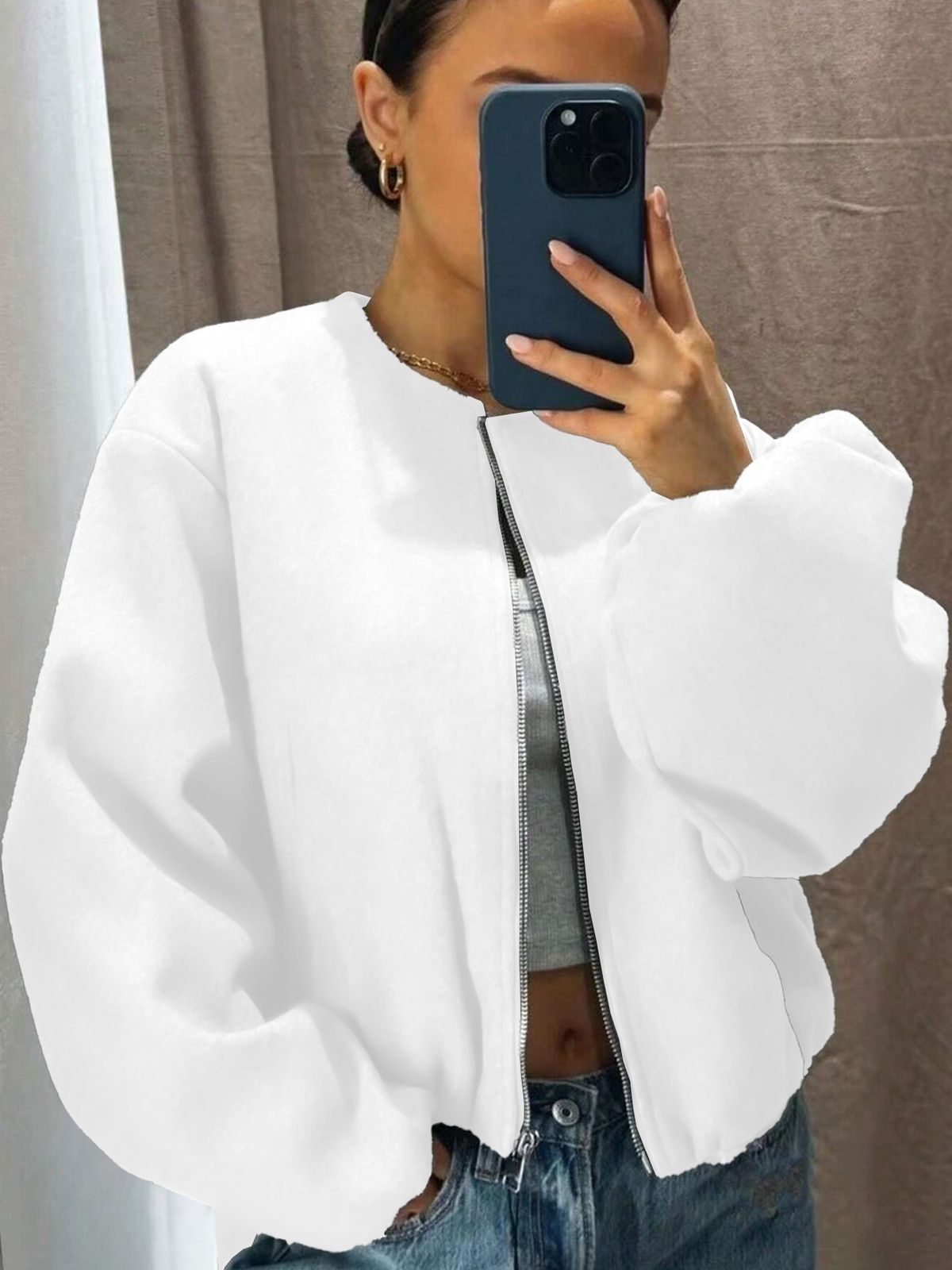Women's Autumn/Winter Baseball Jacket Bomber Style Round Neck Drop Shoulder Lantern Sleeve Zipper Cardigan Streetwear_ecoleips.com