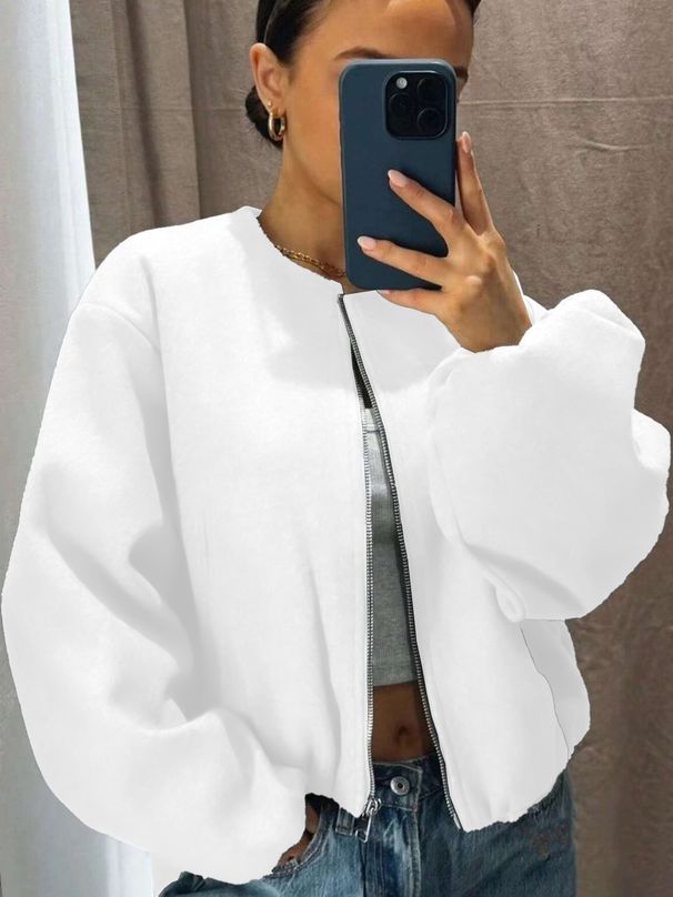 Women's Autumn/Winter Baseball Jacket Bomber Style Round Neck Drop Shoulder Lantern Sleeve Zipper Cardigan Streetwear_ecoleips.com