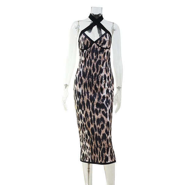 Foreign Trade European And American Women's New Retro Trendy Leopard Print Halter Neck Leopard Print Slim Fit Dress_ecoleips.com
