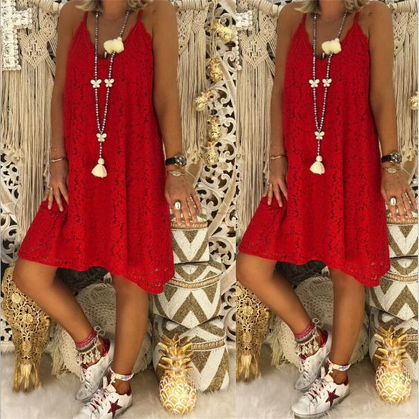 Women's Clothing Women's Summer Solid Color Sleeveless V Neck Strappy Lace Loose Dress_ecoleips.com