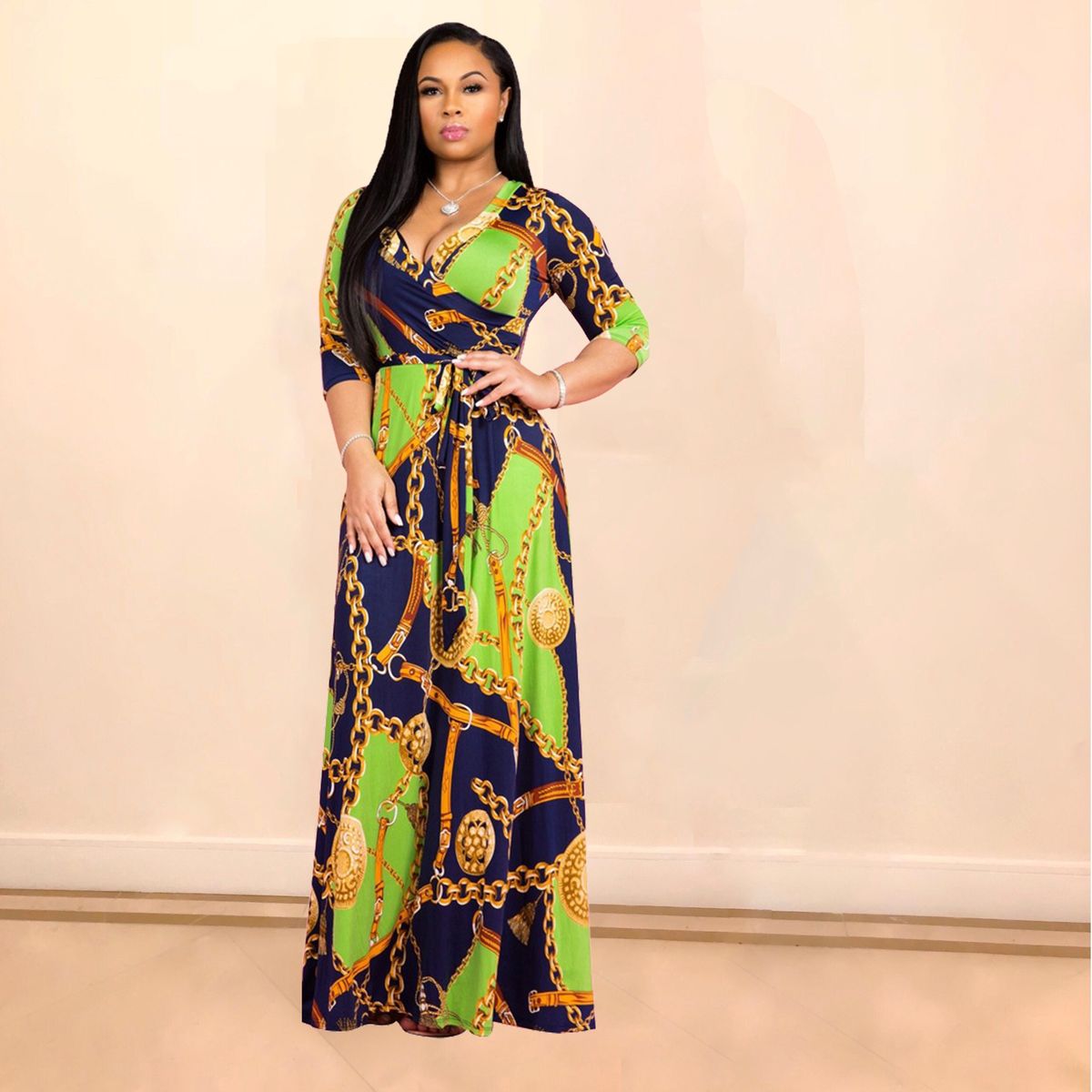 Women Sexy Bodycon Beach Bohemian Maxi Splicing Floral Print Dress For Women Casual Summer Sundress V-Neck 3/4 Sleeve_ecoleips.com