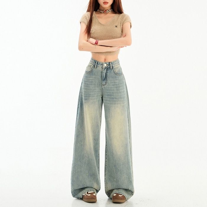 American High Street Retro Wide-leg Pants For Trendy Girls, Loose And Drapey, Distressed, Floor-length Women's Trousers,_ecoleips.com