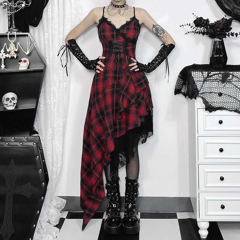 YJ Women's Dark Black Plaid Dress European American Style Irregular Patchwork Hem Summer New Arrival 2024_ecoleips.com