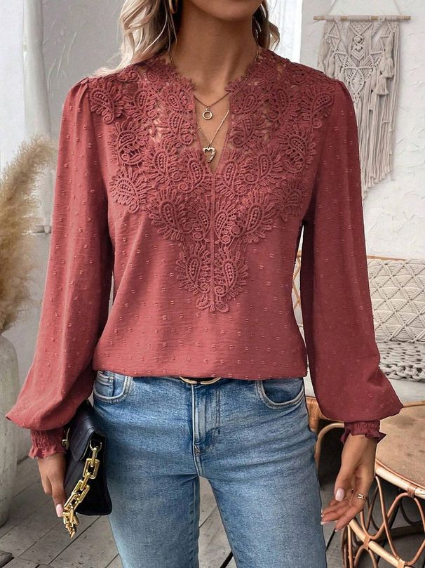 Women's Clothing Autumn V Neck Lace Stitching Solid Color Shirt Blouse Women's Clothing_ecoleips.com
