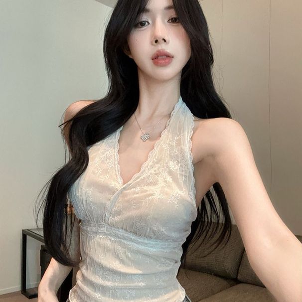 French-style V-neck Lace Halter Neck Camisole Women, Summer Slim-fit Waist-cinching Top For A Sexy Look_ecoleips.com