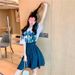 2025 New Oil Painting Blue Short Sleeve T-shirt Women Korean Style Irregular A-line Puffy Half Skirt Set_ecoleips.com