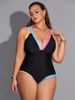 New Color Blocked One Piece Plus Size Swimsuit, Sexy Back Bikini For Chubby Girls, Beach Swimwear_ecoleips.com