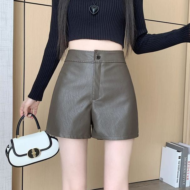 Black Pants High Waist A-line For Women Early Spring Small Stature Outer Wear PU Leather Wide-leg Ultra Shorts 2025 New_ecoleips.com