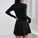 WG120 Spring New Women's Slim-Fit Ribbed Long-Sleeve Fleece Waist-Cinching A-Line Striped Stand Collar Dress_ecoleips.com