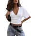 Cross-border European And American 2026 New Solid Color Pure Cotton Deep V-neck Pleated Waist-cinching_ecoleips.com