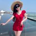 Sweet Ruffle Sleeve One Piece Swimsuit Dress With Bow Front Ruched Waist Flared Skirt Modest Swimwear For Beach Pool Vacation_ecoleips.com