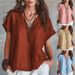 Women's Solid Color V Neck Shirt Casual Loose Short Sleeve Linen Top Spring Summer European American_ecoleips.com