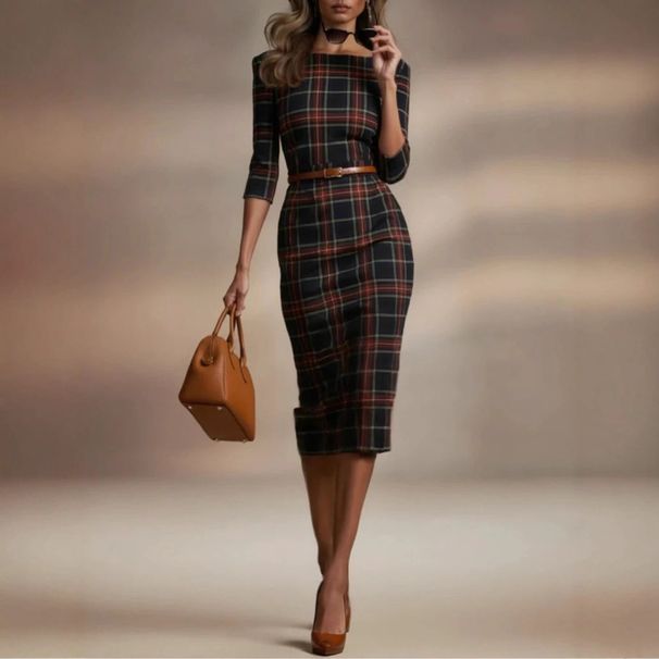 Classic Grid Pattern Seven-Part Sleeve Ship-Style Collar Tight Dress_ecoleips.com