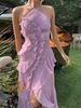 Chic Pleated Halter Neck Long Vacation Dress High Quality Purple Strapless Lotus Edge Maxi Dress New Lady Vacation Gowns TMH8_ecoleips.com
