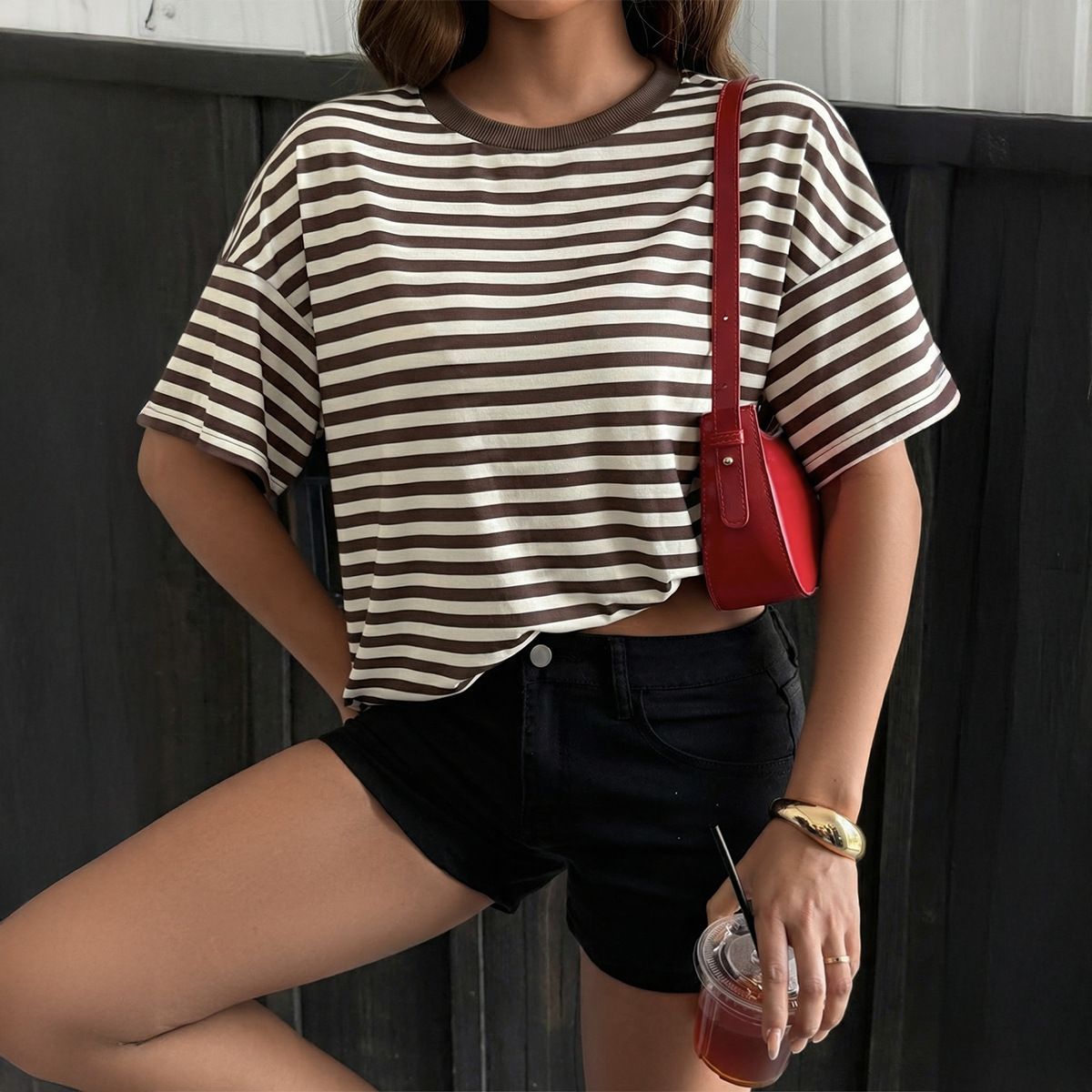 Women's Retro Striped T-Shirt Loose Fit Drop Shoulder Casual Top European American Style for Spring Summer 2026_ecoleips.com