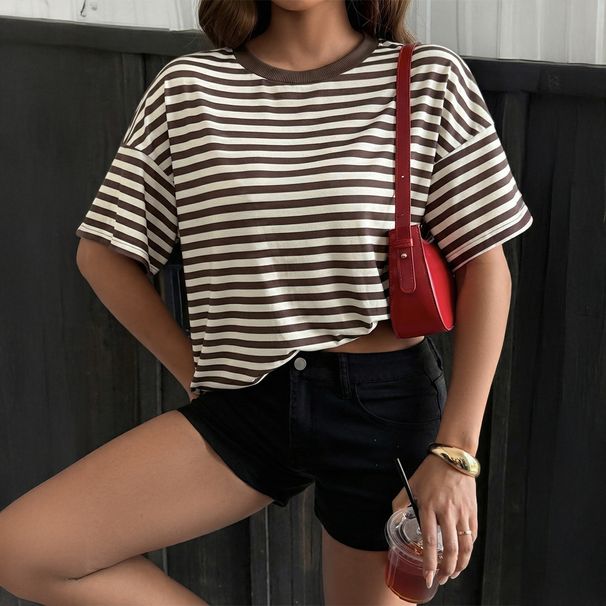 Women's Retro Striped T-Shirt Loose Fit Drop Shoulder Casual Top European American Style for Spring Summer 2026_ecoleips.com