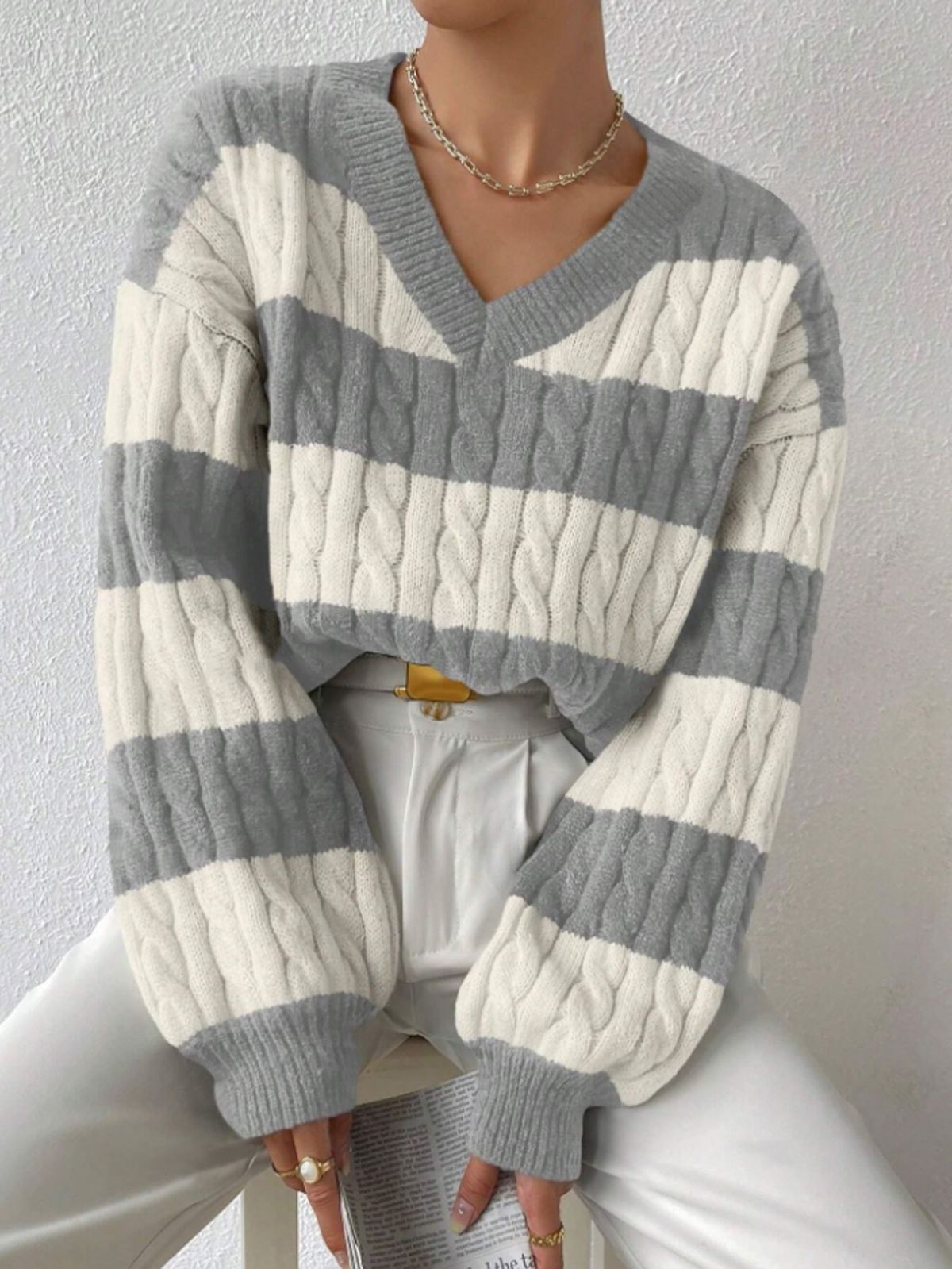 Cozy Oversized V-Neck Sweater Women's Casual Knit Top With Striped Design - Fall & Winter Warm Loose Fit Pullover_ecoleips.com