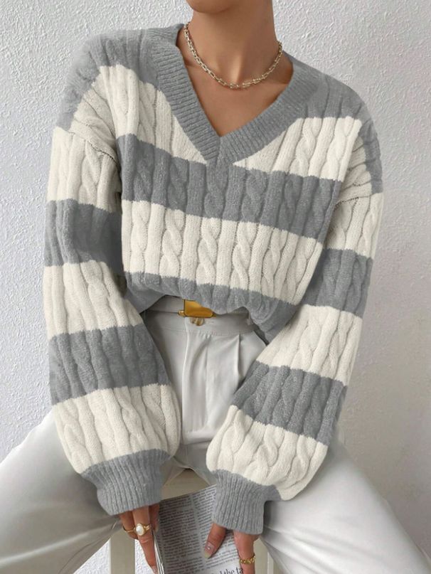 Cozy Oversized V-Neck Sweater Women's Casual Knit Top With Striped Design - Fall & Winter Warm Loose Fit Pullover_ecoleips.com
