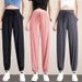 1pcs Summer Womens Ice Silk Pants Female High Elastic Waist Drawstring Pocket Loose Straight Trousers Student Sports Harun Pants_ecoleips.com