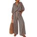 European And American Style Women's Summer Fashion Set Striped Long Sleeved Shirt And Loose Pants Two-Piece Outfit_ecoleips.com