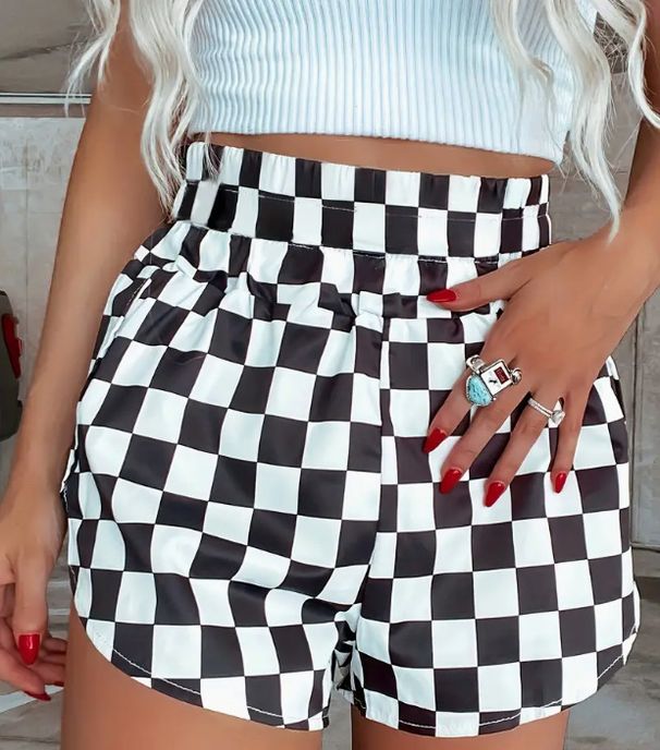 Women's Clothing Summer New High Waist Shorts Fashion All Match Color Matching Checkerboard Checkered Print Casual Pants For Women_ecoleips.com