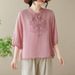 A Short-Sleeved Top With A Stand-Up Collar, Buttons, Embroidery, Cotton And Linen Mid-Sleeve Pullover, And A Versatile S_ecoleips.com