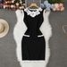Women's High Waist Floral Sleeveless Knit Dress - Slim Fit Mini Dress For Petite Ladies, Sweet & Elegant, Black/White_ecoleips.com