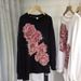Women's Clothing Extra Large Size Hot Diamond Sweater Light Luxury Rose Flower Round Neck Slim Long Sleeve Pullover Top_ecoleips.com