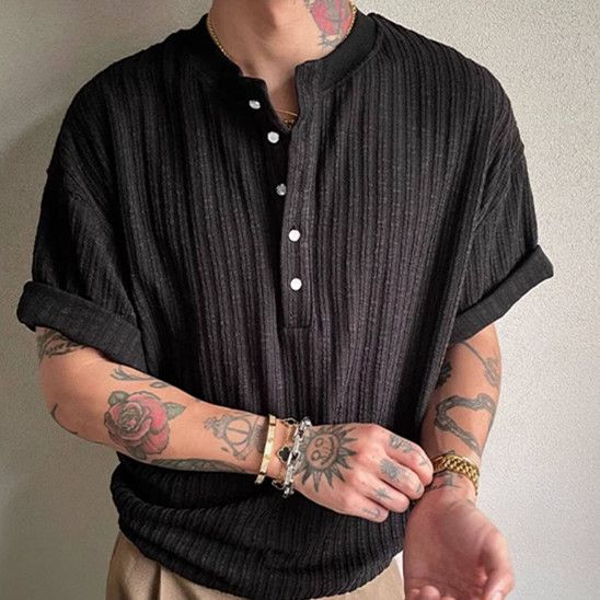 New Relaxed Style Henley Collar Short-sleeve For Men, Slim Fit, Solid Color, Versatile Casual Top, Trendy T-shirt_ecoleips.com
