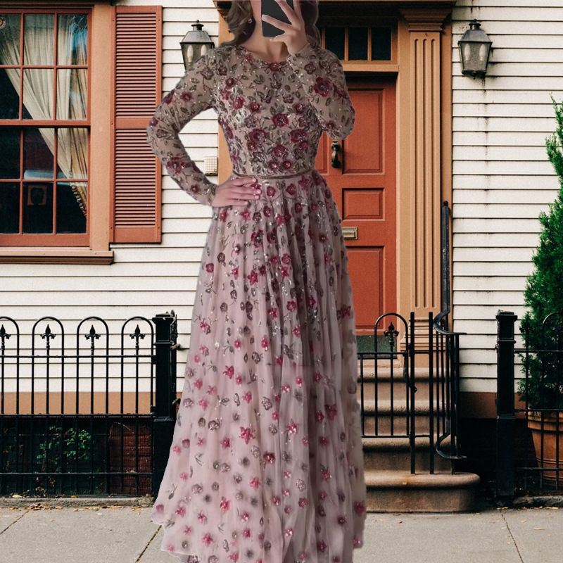 Women's Clothing Summer New Sexy Slim Fit Mid Length Long Sleeve Waist Three Dimensional Flower Swing Dress_ecoleips.com