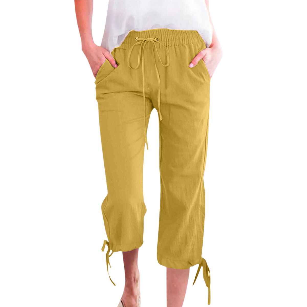 Women's Clothing Solid Color Cotton And Linen Loose Drawstring Seven Point Wide Leg Casual Trousers_ecoleips.com