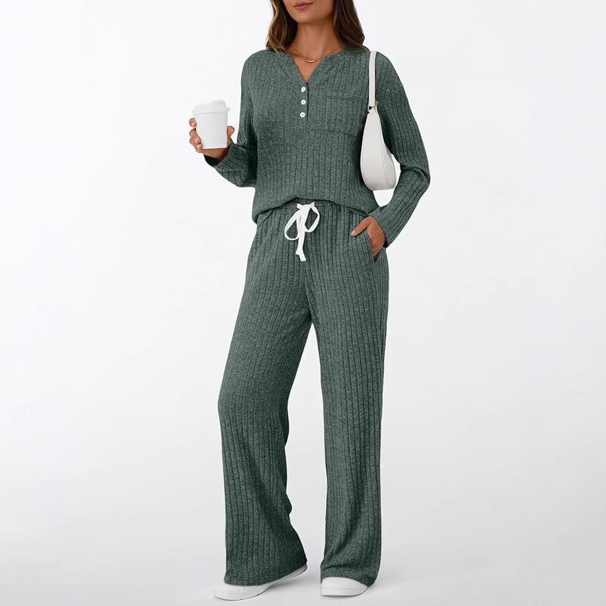 Women's V Neck Two Piece Set Feel Home Pajama Outerwear Casual Polyester Pants Full Length Autumn Winter Fashion For Adults_ecoleips.com