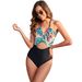 Women's Clothing One Piece Swimsuit Female Printed Splicing Leaf One Piece Swimsuit_ecoleips.com