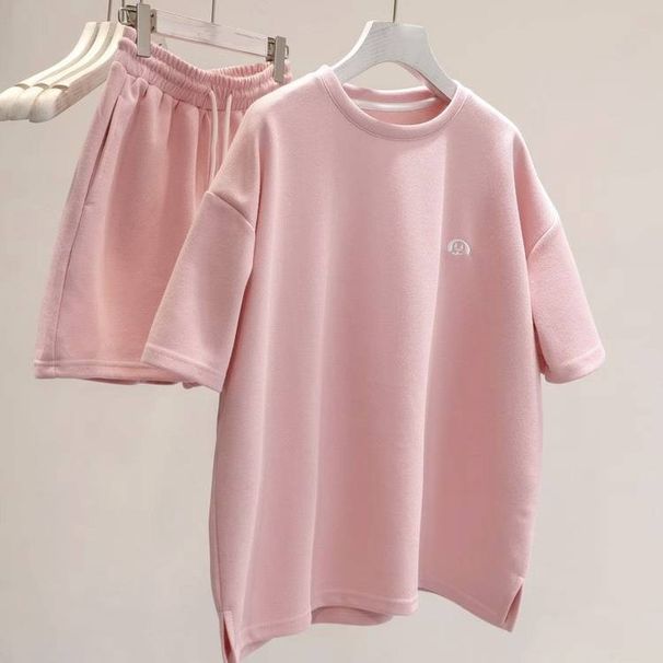 Women's Clothing Lazy Suit Women's Loose Slim Embroidery Round Neck Short Sleeve Two Piece T Shirt Women's Wide Leg Shorts_ecoleips.com