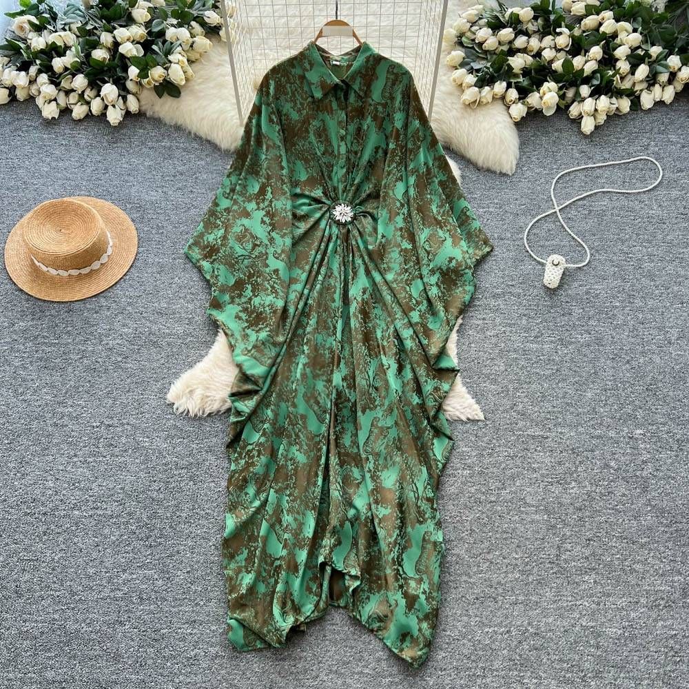 Women's Resort Print Patchwork Maxi Dress – Elegant A-Line Wrap Dress With Floral Design (One Size Fits Most)_ecoleips.com