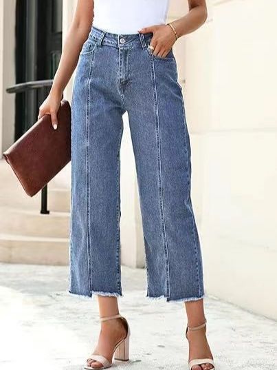 Women's Clothing High-Waisted Slimming Denim Jeans Versatile Solid Color Frayed Straight Leg Cropped Fashion_ecoleips.com