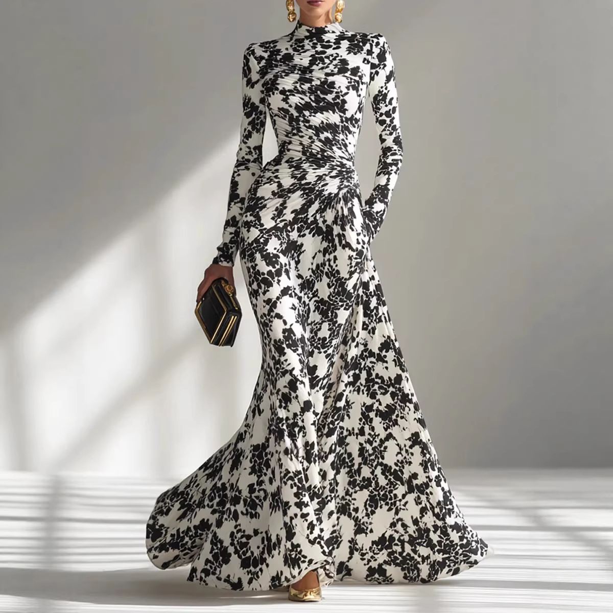 Autumn High-Waisted Pleated Full Skirt Dress For Women Sexy Long-Sleeved Fitting_ecoleips.com