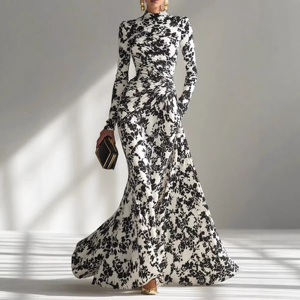 Autumn High-Waisted Pleated Full Skirt Dress For Women Sexy Long-Sleeved Fitting_ecoleips.com