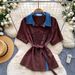 Women's Clothing Women's Style Loose Breathable Shirt Peter Pan Collar Lace Patchwork Design Short Sleeved Waist Cinching Top For Commuting_ecoleips.com