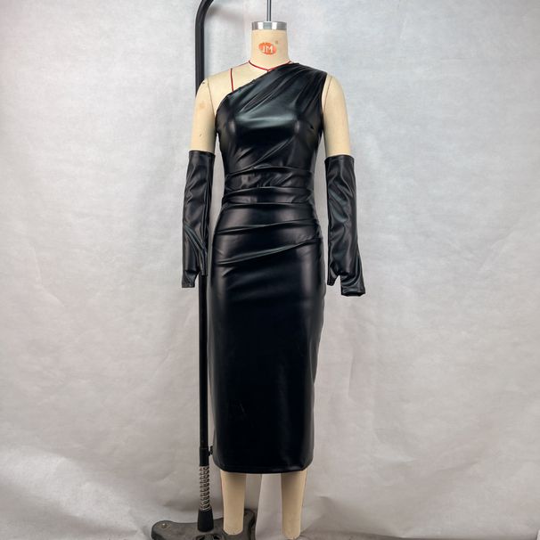 One Shoulder Strapless Leather Dress For Women Pleated Slim Fit Mini Dress With Side Slit Fashion_ecoleips.com