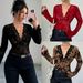 European American Cross-border 2026 Spring New Women's V-neck Lace And Mesh Bell-sleeve T-shirt Top_ecoleips.com