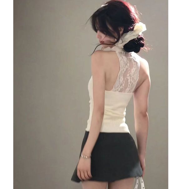 Purely Alluring Backless Lace-up Halter Neck Camisole, Summer Slim-fit High-end Sexy Knitted Sleeveless Top For Women_ecoleips.com