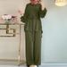 H730 Muslim Women's Solid Color Drawstring Tie Two-Piece Set Round Neck Top Wide-Leg Pants Elegant Ladies Suit_ecoleips.com